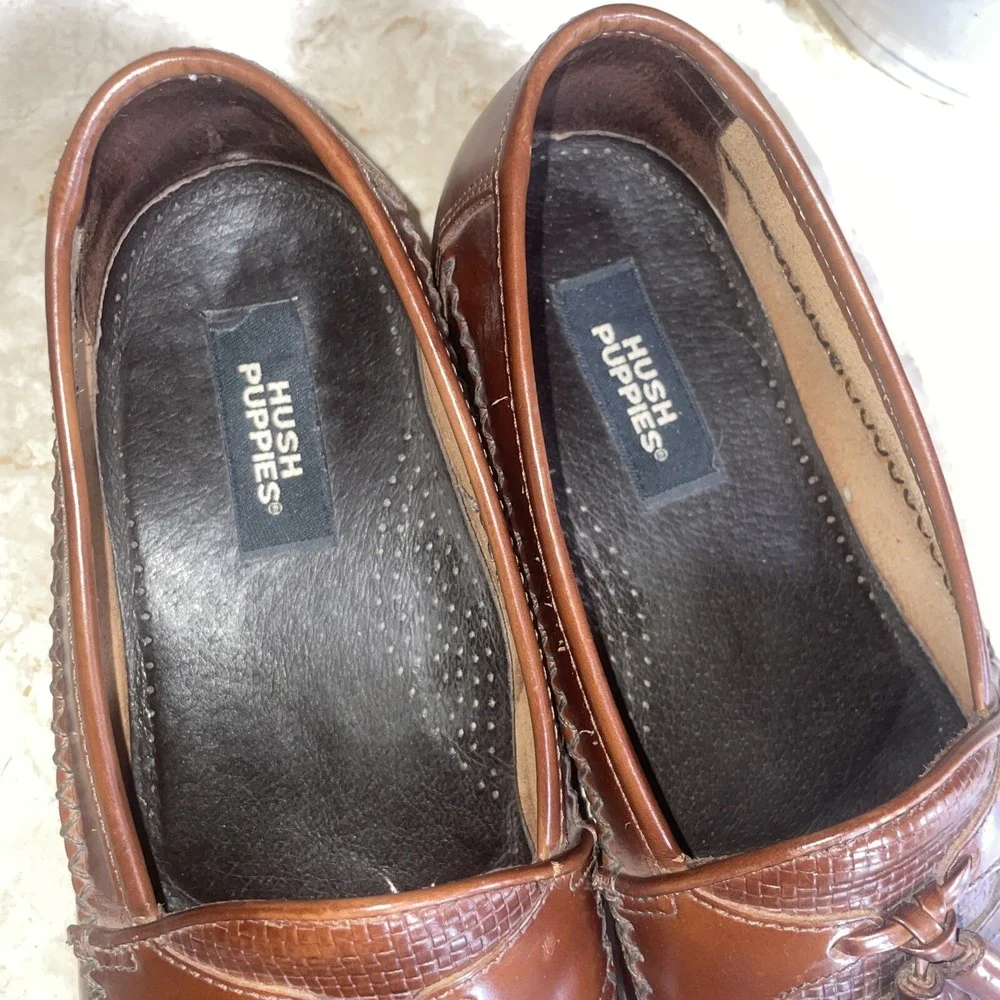 Hush Puppies Mens 10W San Remo Leather Loafers Shoes w/  Tassel Weave Brown‎